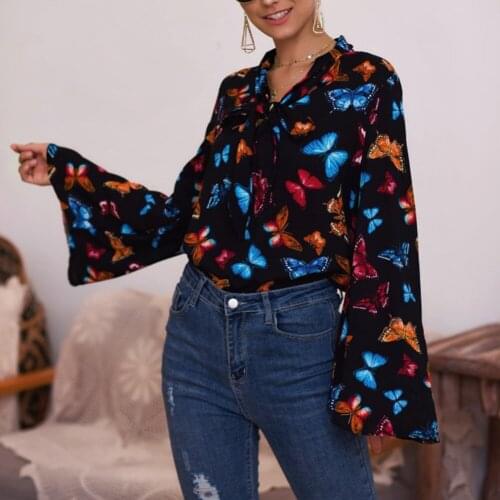 Women Lady Long Sleeve Bowknot Butterfly Printing Top for Beach Party Holiday -OPK