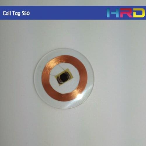 100pcs rfid transparent coil tag s50 13.56mhz ic keyfob hf 1k memory size 25mm diameter f08 chip type