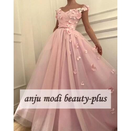 2021 Light Pink 3D Flowers Off Shoulder Prom Dresses Long Sleeveless Pearls Formal Evening Party Gowns Robe De Soiree