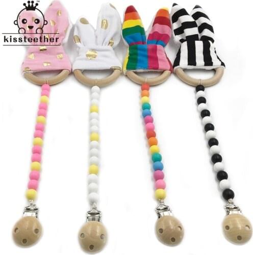 4pc Baby Wooden Pacifier Clip Teether Toy Food Grade Silicone Beads Wood Ring Bunny Ear Toddler Teething Nursing Newborn Teether
