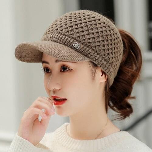 Baseball Caps Women Winter Thick Warm Twist Knitted Beanie Hat Winter Outdoor Fleece High Bun Ponytail Empty Visor Bonnet