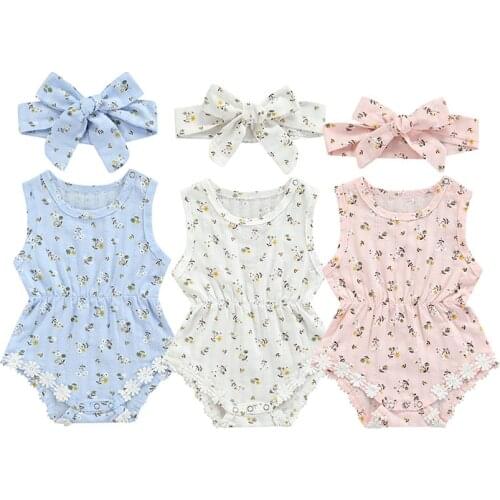 Toddler Baby Girls Clothes Lovely Rompers Headband 2pcs Flowers Printed Sleeveless Elastic Jumpsuits 0-24M Childrens Clothing