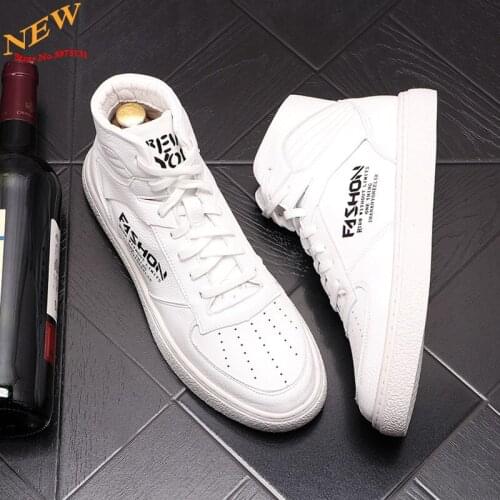 White Leather Men Sneakers Hip Hop High Tops board shoes height Increasing Casual Shoes Zapatillas Hombre