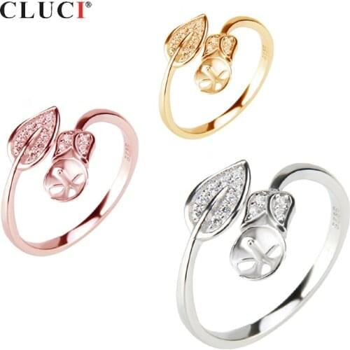 CLUCI Real 925 Silver Leaf Shape Pearl Ring Mounting Women Adjustable Rose Gold Open Ring Jewelry SR2058SB