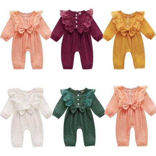 Newborn Baby Girls Romper Long Sleeve Ruffles Lace Jumpsuit Cute Bowknot Outfits Baby Spring Autumn Clothing 3-24Months