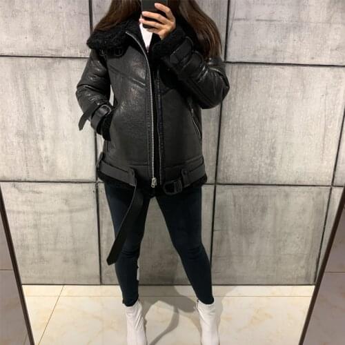 Leather suede women shearling jacket