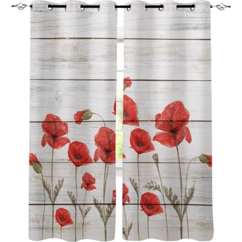 Red Poppy Board Grain Window Curtains Living Room Kitchen Curtains for Bedroom Left and Right Biparting Open Curtains