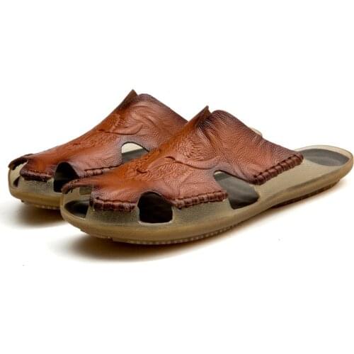 Summer Genuine Leather Mens Slippers Size38-48 Outdoor Breathable Male Sandals Casual Slip-on Beach Comfort Slippers for Men