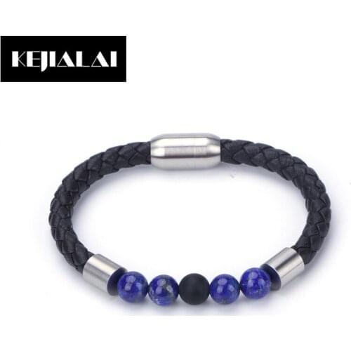 Hot Sale Sheepskin Leather Charm Bracelet Brown Color Geniune Leather Natural Stone Bead Bracelet Stainless Steel Magnetic Clasp