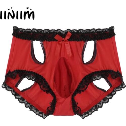 Iiniim Mens Lingerie Novelty Panties Hollow Out Lace Trim Briefs Low Waist Elastic Waistband Bulge Pouch Underpants Underwear