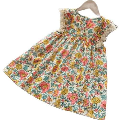 2021 Summer New Style Childrens Clothing Baby Girl Ethnic Skirt Girls Flower Print Dress Sleeveless Sweet 2-6 Y