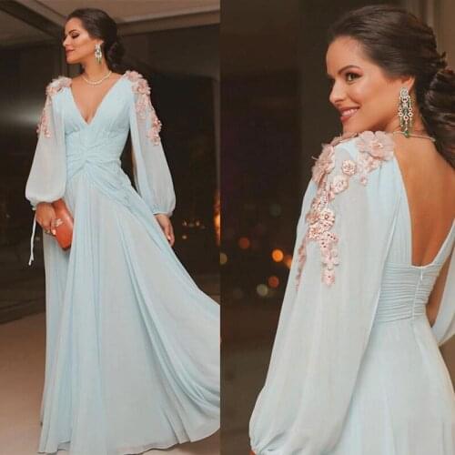 New Design Simple Custom Made Mint V Neck Long Sleeves Chiffon Long Evening Dress Prom Dresses Gowns
