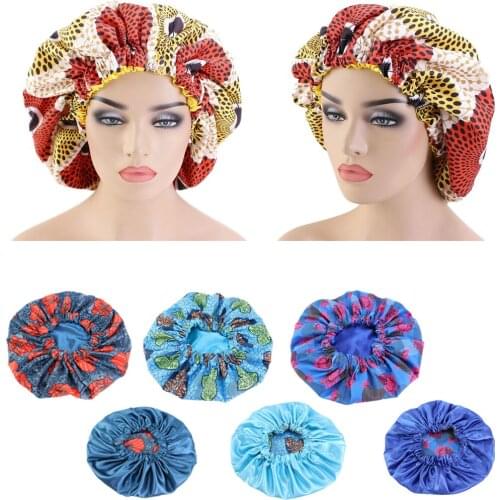 Extra Large Sleep Cap African Printed Satin Lined Shower Caps Bonnet Night Sleep Hat Turban Hair Protect Elastic Band Cover New