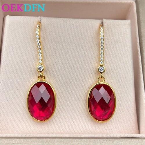 OEKDFN 100% 925 Sterling Silver Drop Earrings For Women Created Ruby Gemstone Engagement Weddding Fine Jewelry Anniversary Gift