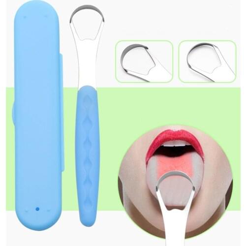 Portable Tongue Cleaner Tongue Scraper Reusable Stainless Steel Oral Mouth Brush Travel Case Black/Blue/Green Non-slip Handle