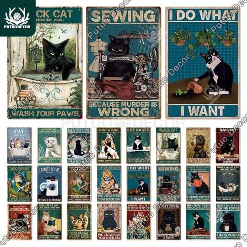Putuo Decor Funny Cat Vintaget Metal Sign Retro Tin Sign Art Home Decoration for Living Room Pet Shop Wall Decor