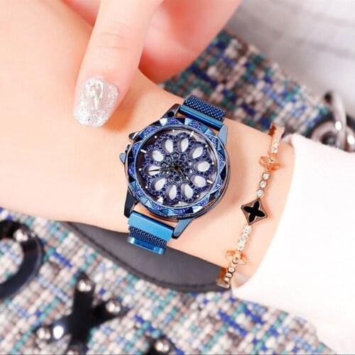 Rose Gold Luxury Mesh Ladies Clock Flower Design Magnet Buckle Diamond Geometric Surface Women Watches Female Dress Wristwatches