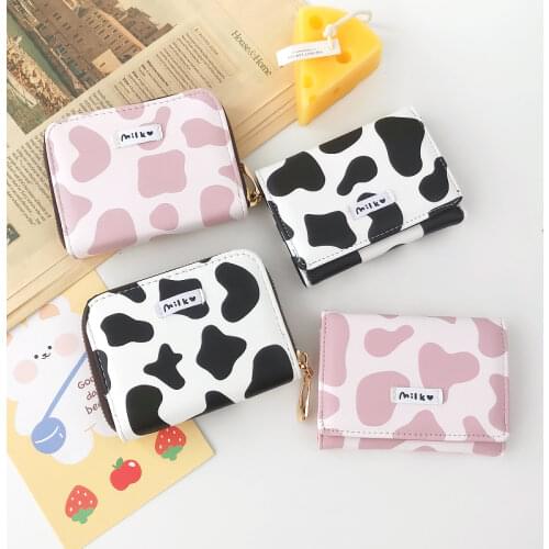 2style Cute Cow Print Walle PU Leather ID Credit Card Holder Women New Short Wallet Tri-fold Kawaii Cartoon Girl Mini Coin Purse