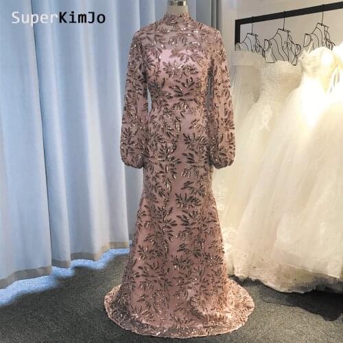 SuperKimJo Robe De Soiree 2019 Mermaid Dusty Pink Evening Dresses Long Sleeve Sequin Luxury Evening Gown Abendkleider 2019