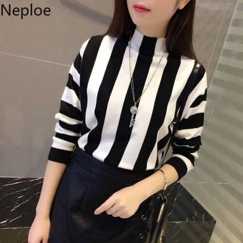 Neploe Striped Knit Clothes Autumn Winter New 2021 Korean Women Sweater Slim Long Sleeve Pullover Half Turtleneck Knitwear 54688