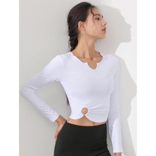 Spring New Ruffled small V-neck Yoga Shirts Women Long Sleeve Tight Quick Dry Sports T Shirt Outdoor Running Training Crop Top