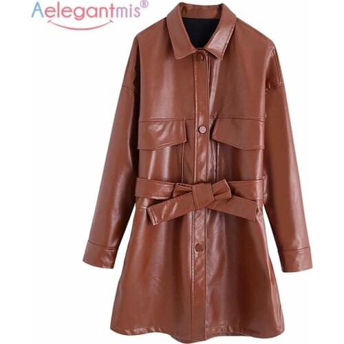 Aelegantmis Long Faux Leather Jacket Women with Belt Korea Loose Casual Vintage PU Jacket Female Motorcycle Outwear Fashion New