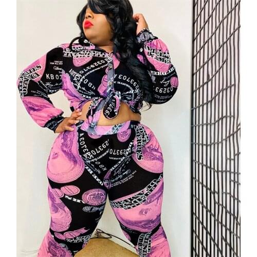 Plus Size Clothing Sexy 2 Piece Sets Womens Outfits Print Long Sleeve Shirt and Pant Bodycon Suit Wholesale Dropshipping
