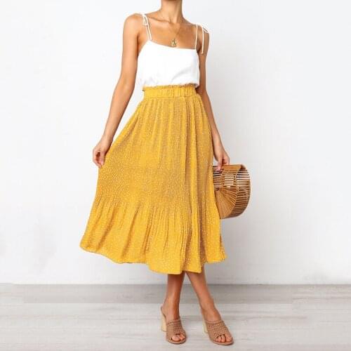 2019 Women Summer Casual Chiffon Elegant Skirt Print Pockets Elastic High Waist Bodycon Pleated Maxi Skirt Womens Long Skirts