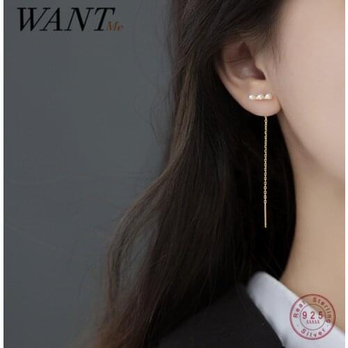 WANTME 925 Sterling Silver Fashion Simple Synthetic Pearl Chain Tassel Long Ear Line for Women Cute Party Earrings Jewelry Gift