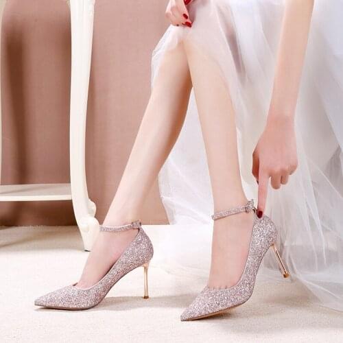 Wedding shoes women 2019 new bridal shoes word strap sequined high heels with pink princess wedding dress crystal shoes