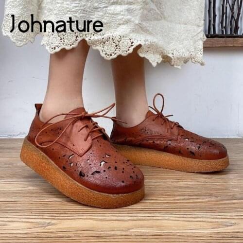 Johnature 2021 New Retro Pumps Women Shoes Genuine Leather Spring/Autumn Platform Heels Lace-Up Handmade Concise Ladies Shoes