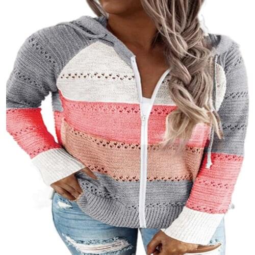 Autumn/Winter Womens Zipper Loose Hooded Sweater Striped Color Combination Hollow Fashion Korean Sweater Femme Casual plus Size