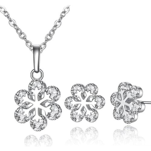 1 Sets Snowflake Shape Setting Cubic Zirconia Necklace Earrings Sets Silver Color Copper Material Party Jewelry Sets for Women