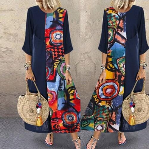 2021 New Casual Printed Dress Korean Version Round Collar Long Sleeve Women Dress