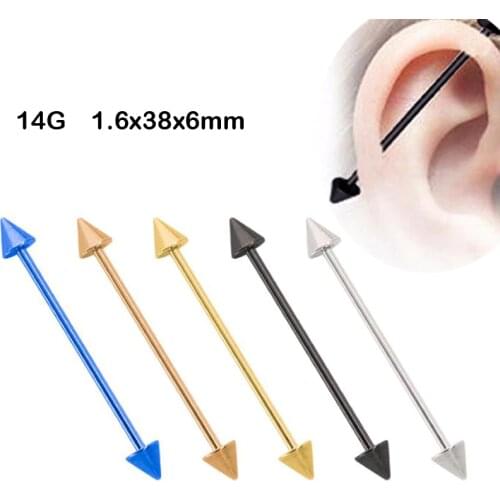 1 Piece 2019 New Surgical Stainless Steel 1.6*38*6mm Spike Ball 14G Long Industrial Barbell Gold Body Ear Piercing Jewelry