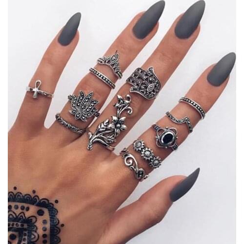 12 Pcs/set Vintage Lotus Flower Fatima Hand Rings Cross Sunflower Ring Set Women Silver Color Joint Ring Party Fashion Jewelry