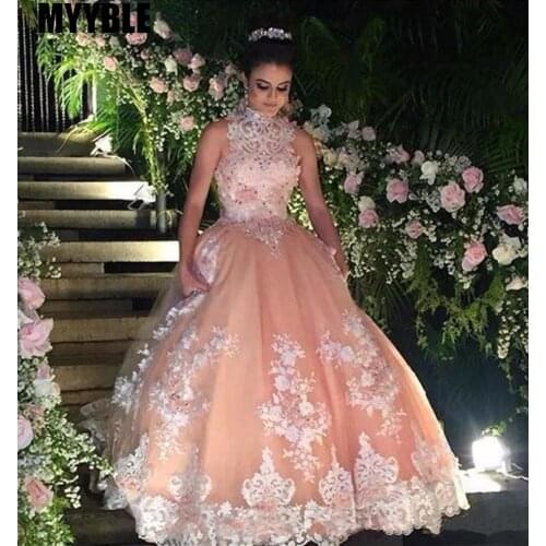 2021 High Neck Lace Champagne Ball Gown Quinceanera Dresses Crystal Corset Sweet 16 Prom Party Gowns Vestido 15 Anos BM718