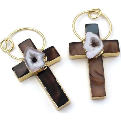5pcs Golad Plated Natural Cluster Druzy Agates Stone Cross Pendant Healing Gems Stone Charms