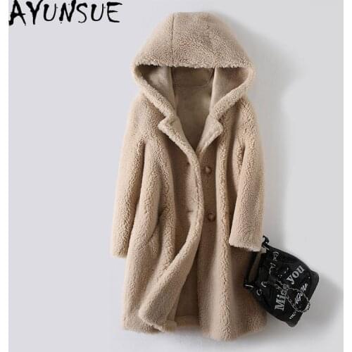 AYUNSUE Casual Sheep Shearling Coat Female Winter 2021 Hooded Wool Jackets Womens Fur Coats Korean Style Casaco Feminino Gxy380