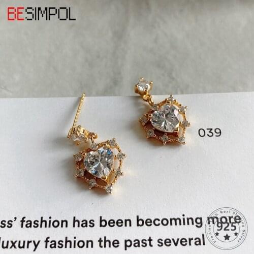 Besimpol 100% Real 925 Sterling Silver Earrings Multi Zircon Heart Shape Stud Earrings For Women Luxury Golden Fine Jewelry Gift