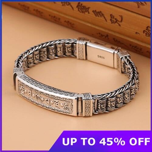 Real 925 sterling silver bracelet mens six character truth handmade woven Thai silver retro hand chain for men Women Jewelry