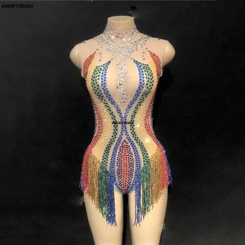 Colorful diamond transparent mesh tassel Crystals Jumpsuit Female Singer Dancer Sexy Costume One-piece Bodysuit Nightclub Dress