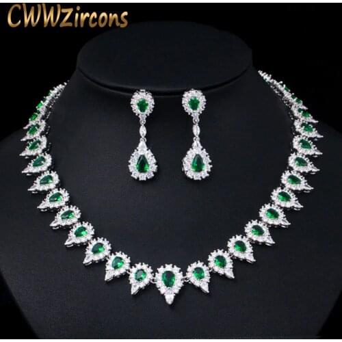 CWWZircons Shiny Green Crystal Cubic Zirconia Women Wedding Banquet Jewelry Sets Round Choker Party Necklace and Earrings T435