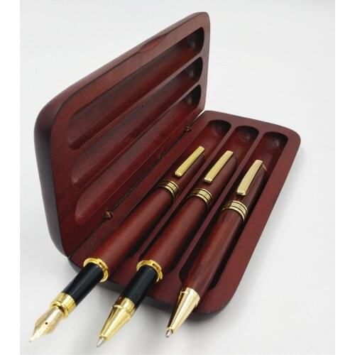 Stationery Three Pcs Roller Ball Pen Fountain Pen BallPoint Pen Wooden Pencil Case With Pencil Box