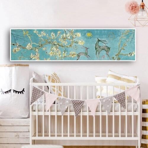 Blossoming Almond Tree Deer Landscape Canvas Painting Cuadros Posters and Prints Scandinavian Nordic Wall Art for Living Room