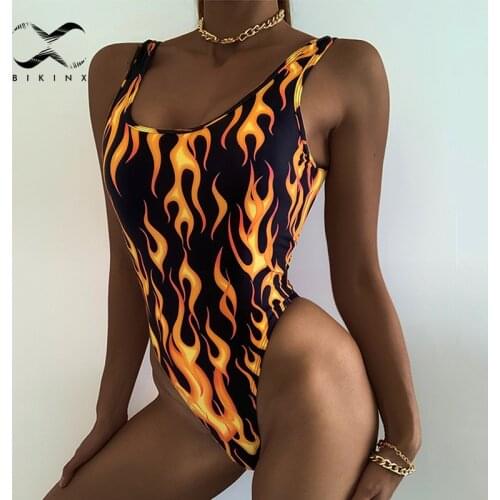 Fire print monokini Retro sexy swimsuit female High cut bodysuit one-piece suit Womens one piece swimsuit Push up swimwear 2020