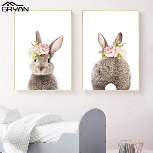 Pink Peony Flower Bunny Rabbit Nursery Wall Art Canvas Prints Poster Jungle Animals Paintings Baby Kids Room Decoration Picture