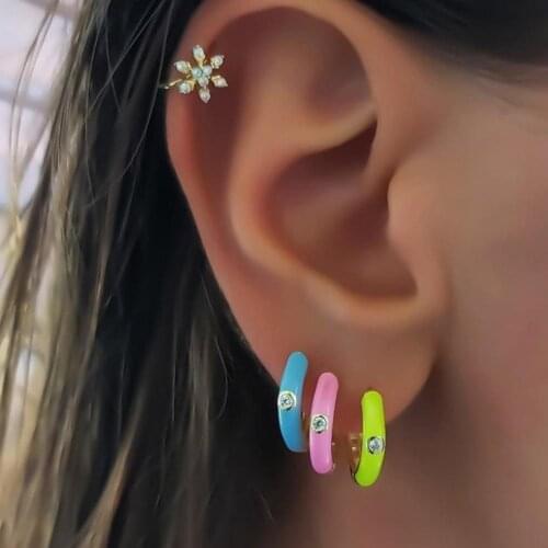 Colorful Enamel Earrings Micro Zircon Small Round Circle Hoop Piercing Earrings Luxury Cute Oil Drop For Women Fashion Jewelry