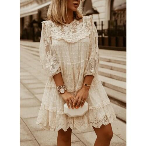 Lace Dress Womens Summer Sundress Fashion Three Quarter Sleeve Female Hollow Cotton Pullover Dresses Beach Clothing