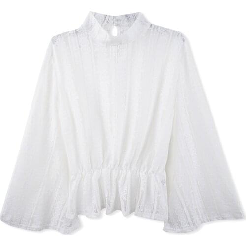 Sexy Lace White Flare Sleeve Womens Blouse Shirt Sexy Perspective Solid Shirt Chiffon Tops Woman Blusas